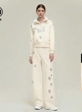 TCH加绒烫钻小雏菊毛毛领半拉链上衣女宽松休闲裤套装T78A07E1046