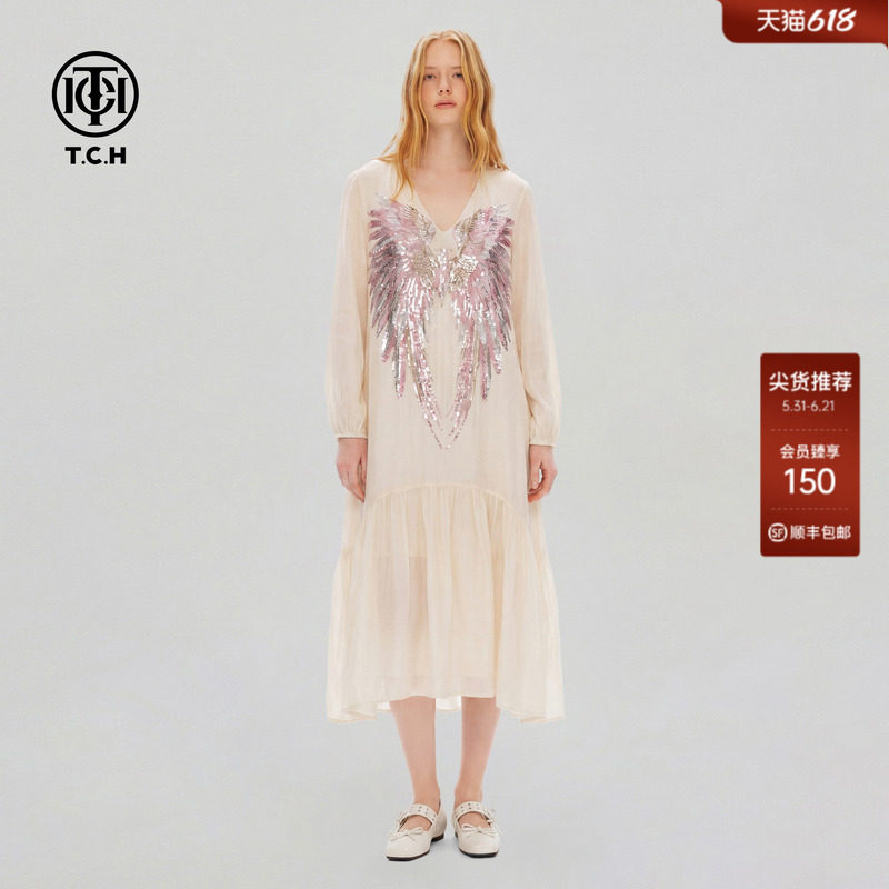 TCH烫钻翅膀连衣裙女米色V领宽松高级感仙女长裙夏季T78A30E1088