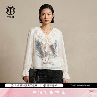 TCH温柔风宽松长袖 女烫钻翅膀荷叶边雪纺上衣T78A13E1065 衬衫