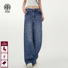 TCH满天星银河闪耀烫钻加绒宽松阔腿牛仔裤女2025秋冬T75D20E1029