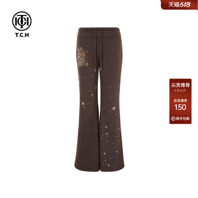 TCH美式烫钻咖色薄绒垂感显瘦休闲微喇裤女2025冬新款T75D20E1142