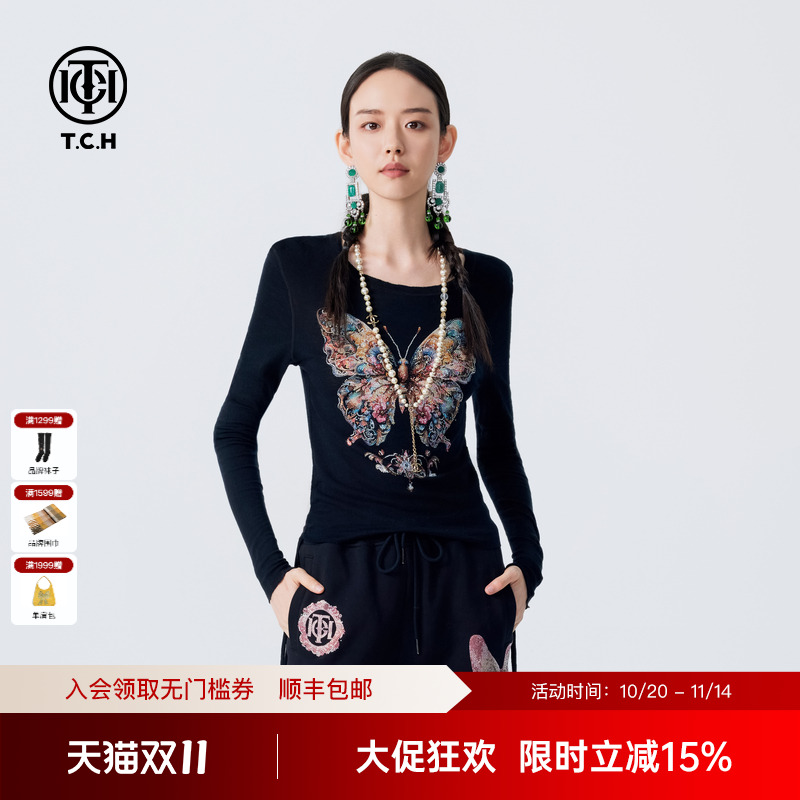 TCH羊毛针织衫女抽绳收腰2024秋冬新款重工蝴蝶烫钻长袖针织T恤