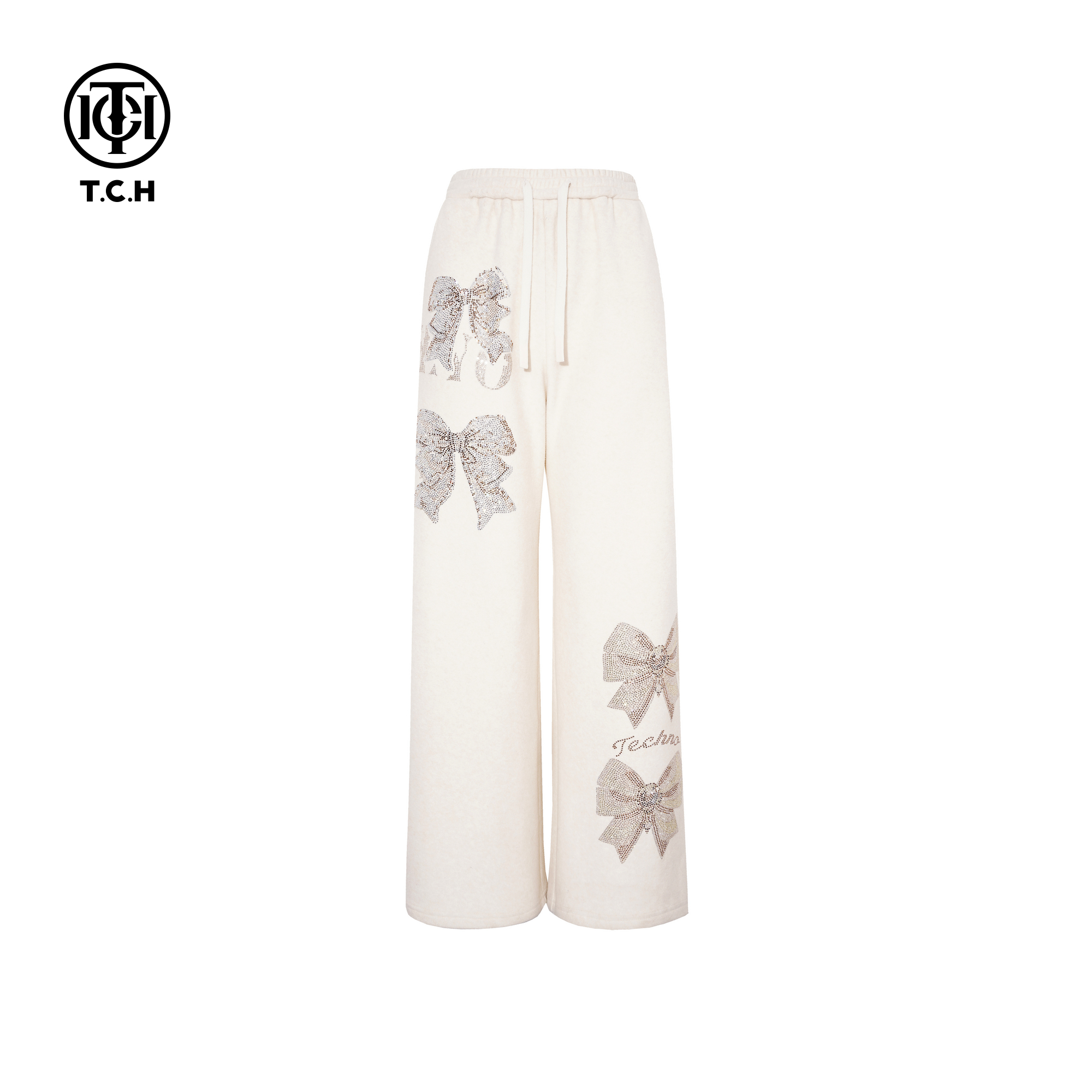 TCH百搭时尚烫钻慵懒米色阔腿直筒休闲裤女2025冬新款T75D20E1107