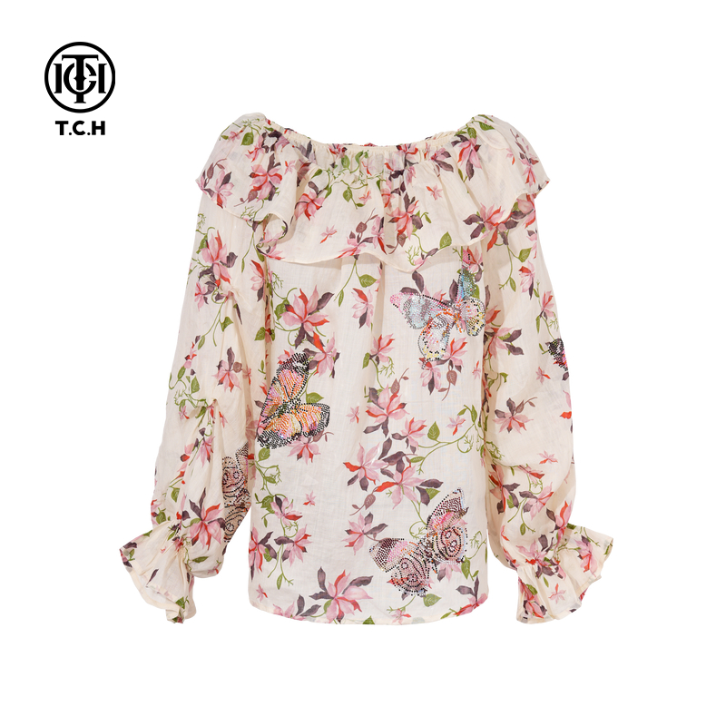 TCH私服烫钻苎麻一字肩荷叶边碎花长袖衬衫女25秋新款T75C13E5012