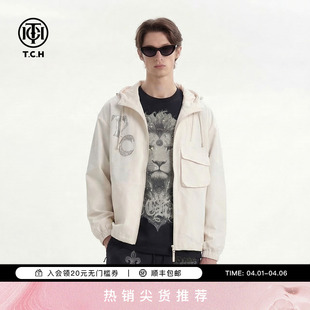 T78A27E102025 TCH潮牌字母烫钻米白色休闲夹克连帽外套男女同款