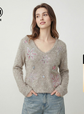 TCH时尚潮牌蝴蝶结烫钻亮闪闪卡其色毛衣T75D09E1305