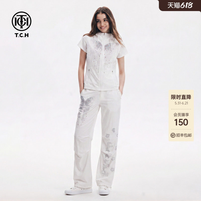 TCH烫钻翅膀减龄百搭三件套女白色连帽马甲短袖T恤阔腿裤休闲套装
