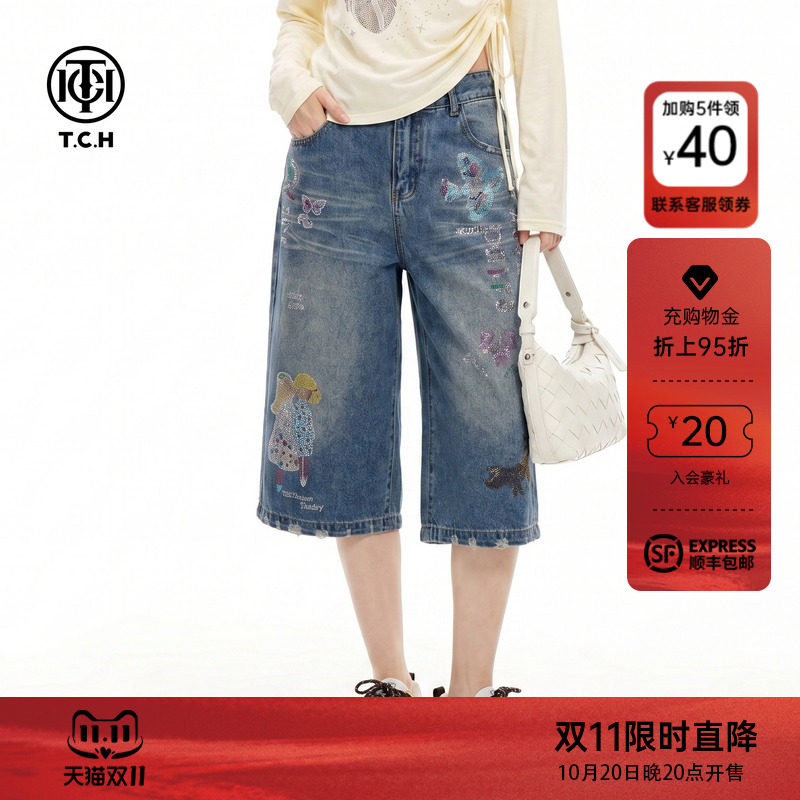 TCH卡通烫钻阔腿牛仔短裤女2026年夏季新款宽松遮肉休闲七分裤