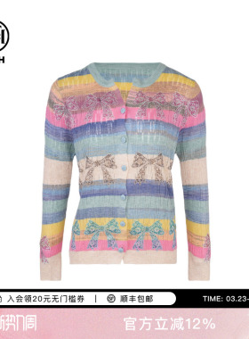 TCH烫钻蝴蝶结彩色条纹时尚休闲针织开衫女长袖T75A43E5007