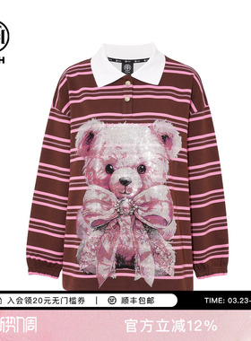 TCH轻奢潮牌烫钻条纹长袖小熊翻领卫衣女2025夏季新款T75C11E9036