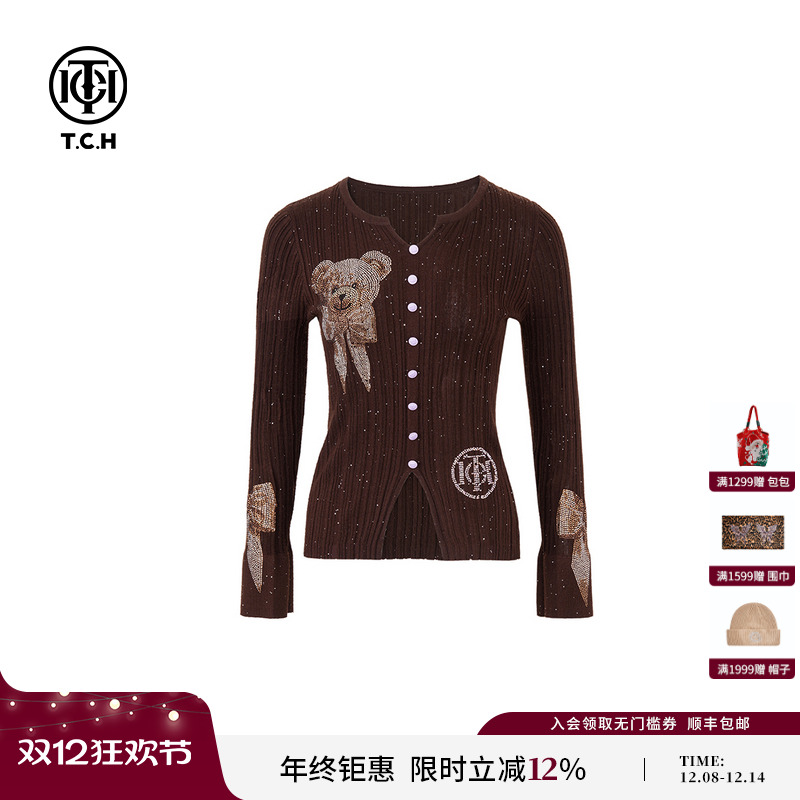 TCH私服潮牌轻奢蝴蝶结小熊烫钻工艺针织开衫上衣T75A09E5002