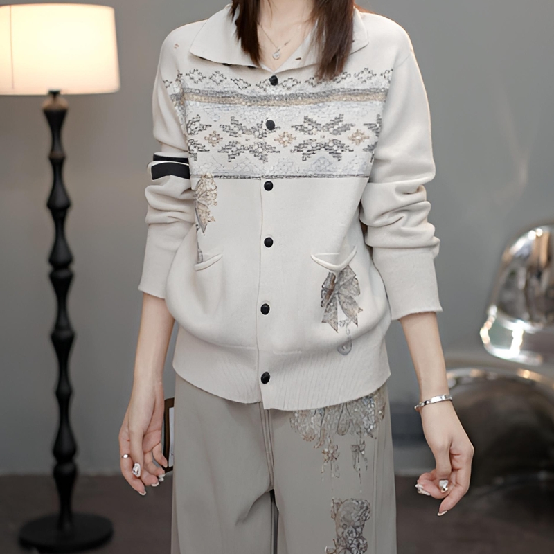 TCH绵羊毛时尚烫钻卡其色休闲保暖针织开衫上衣外套女T75D43E1073