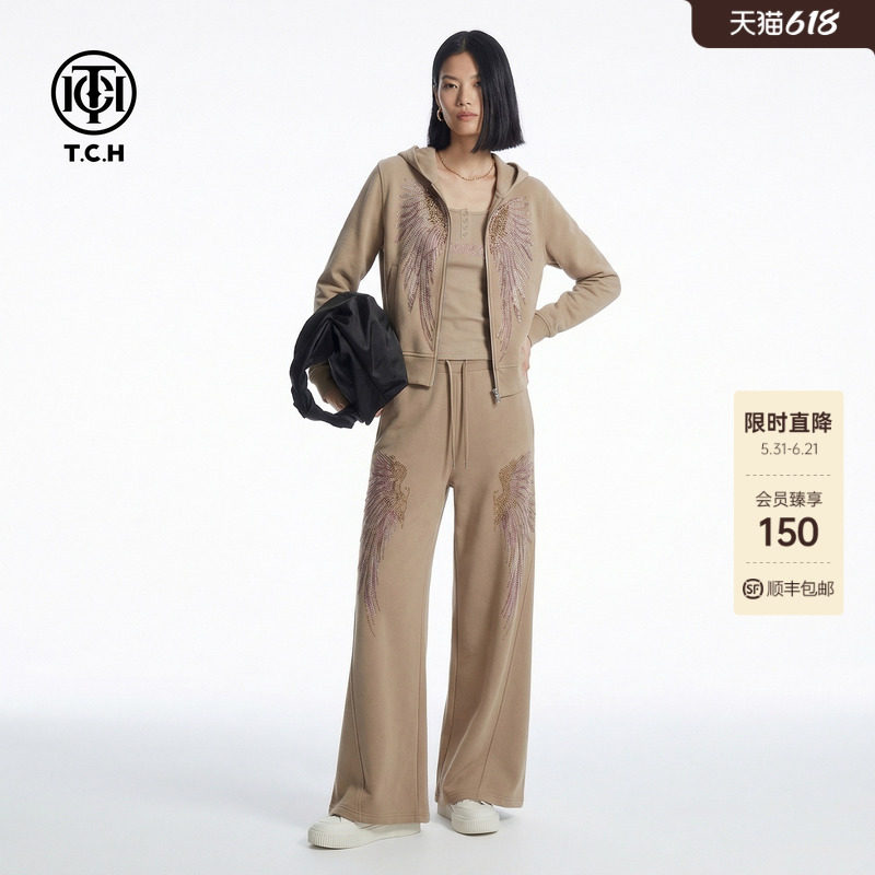 TCH烫钻天使之翼连帽拉链衫长袖T恤女阔腿裤慵懒套装T78A07E1098