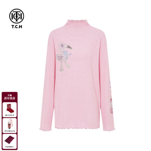 T75D09E5021 新款 TCH私服烫钻气质百搭木耳边粉色打底针织衫 女冬季