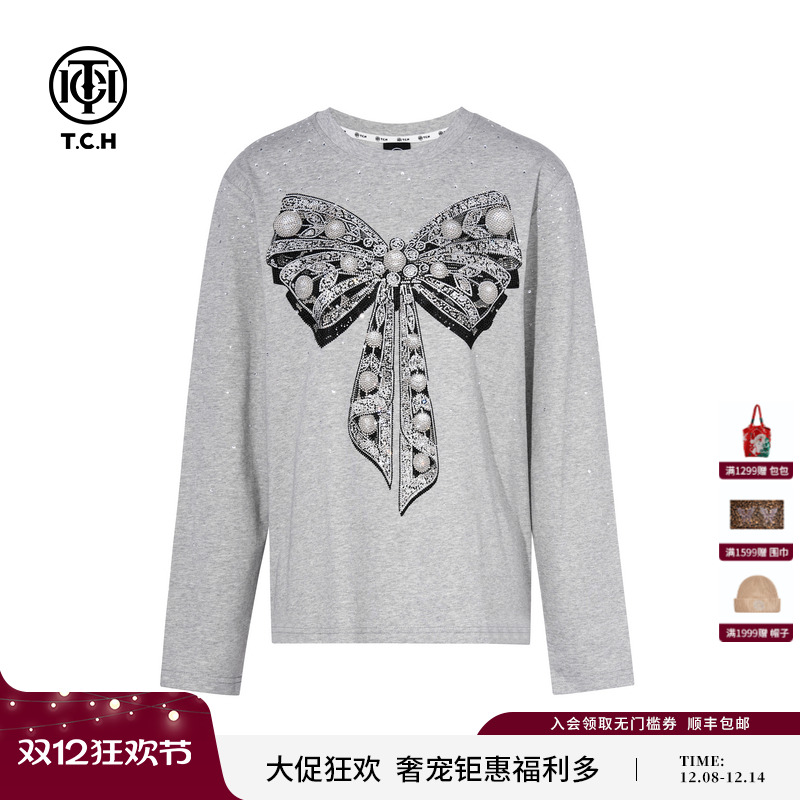 TCH轻奢潮牌烫钻休闲宽松百搭圆领长袖T恤女秋季新款T75C08E9019