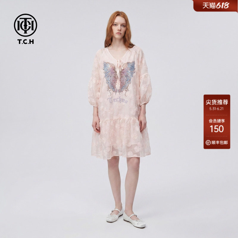 TCH渐变翅膀烫钻连衣裙女2026夏季新款泡泡袖宽松中长款荷叶边裙