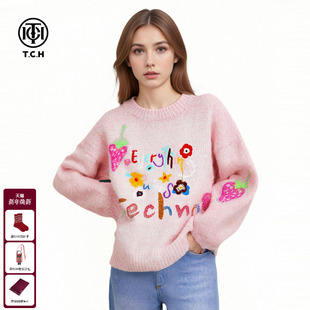 TCH草莓粉嫩减龄宽松圆领针织衫 T75D09E5086 毛衣上衣女25秋冬新款