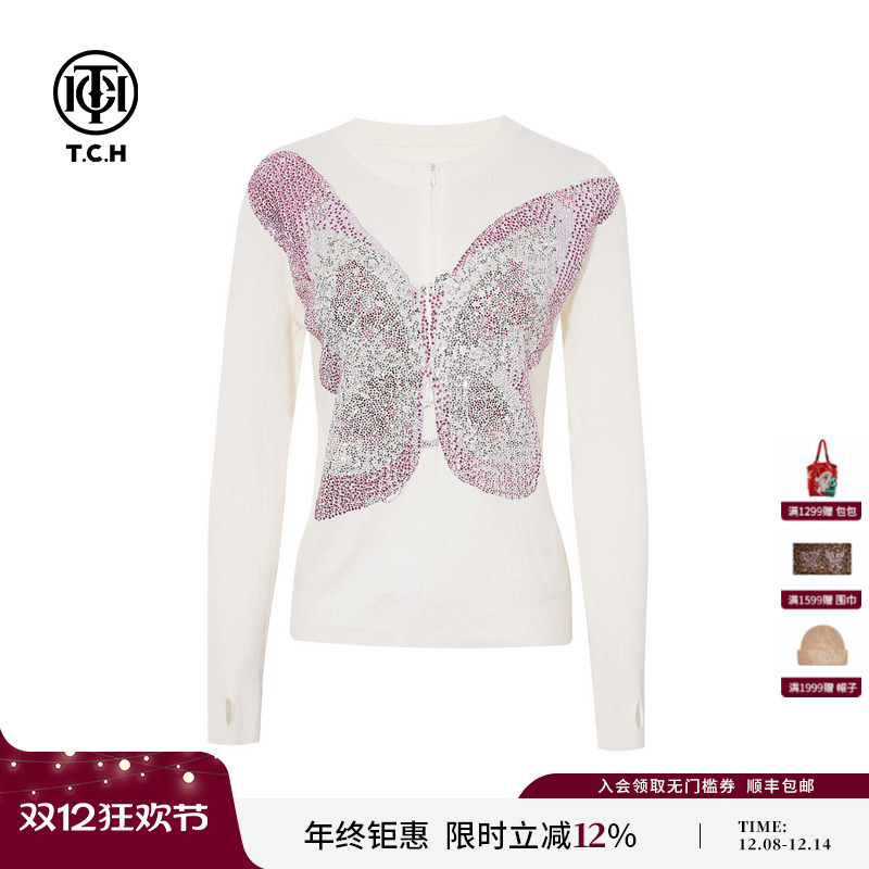 TCH私服烫钻时尚修身气质针织衫上衣女2025冬季新款T75D09E1108
