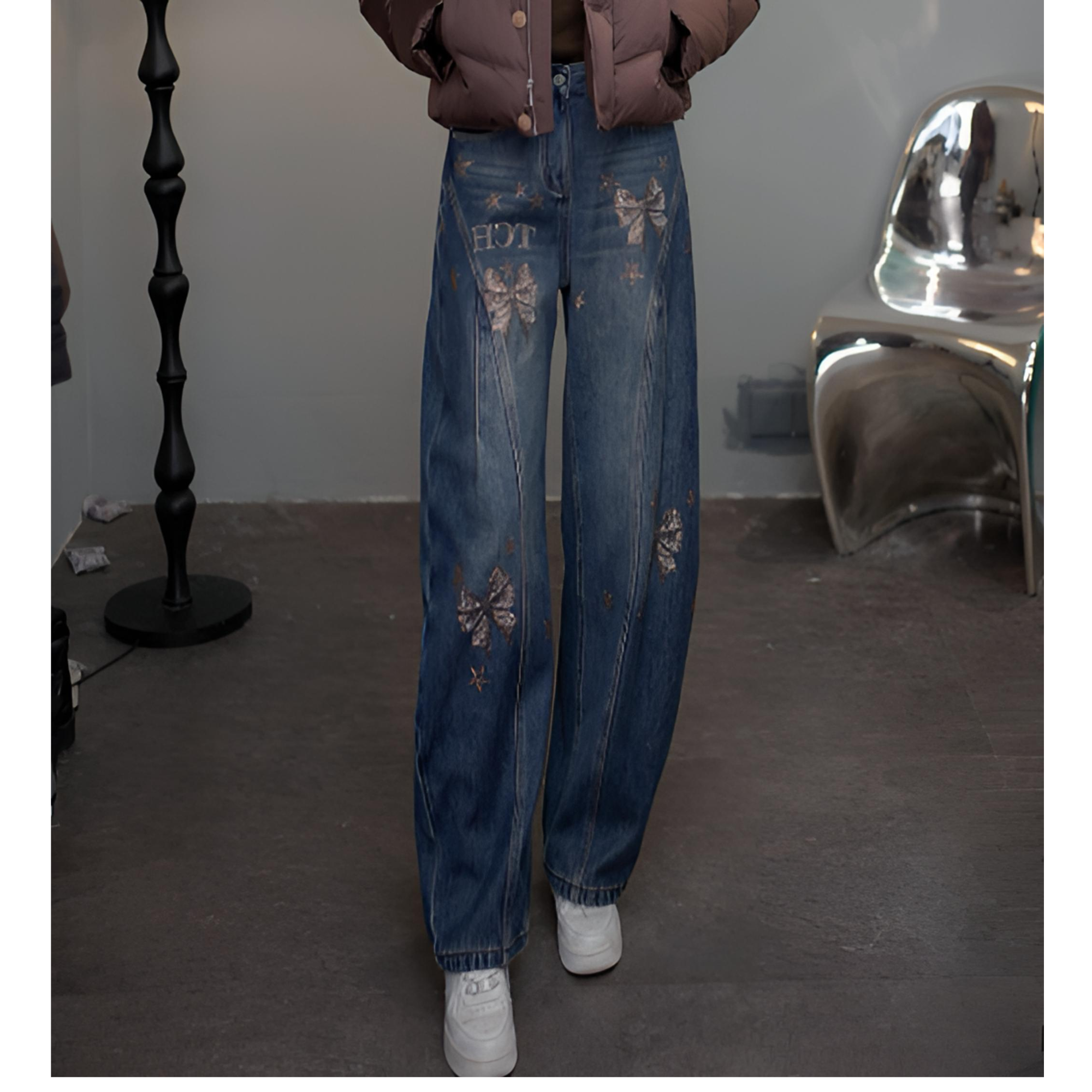 TCH私服烫钻时尚复古做旧阔腿弯刀牛仔裤女25秋冬新款T75D20E1066