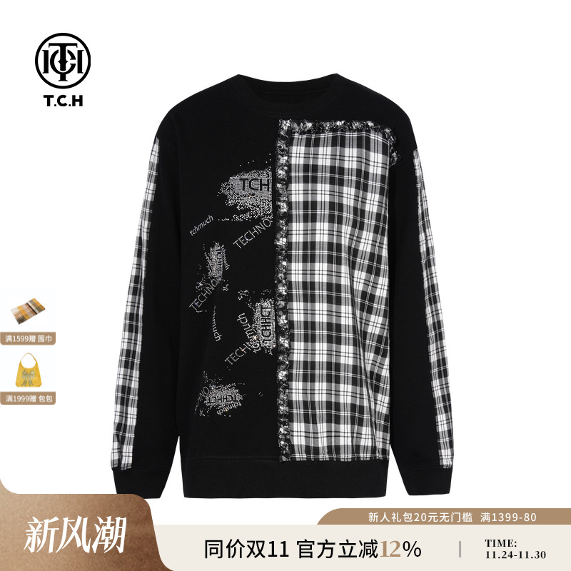 TCH私服烫钻美式复古格子拼接时尚圆领卫衣女秋季新款T75C11B1013