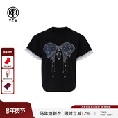 TCH潮牌轻奢百搭小众时尚 烫钻蝴蝶结短袖 T恤上衣女T75A10B9075