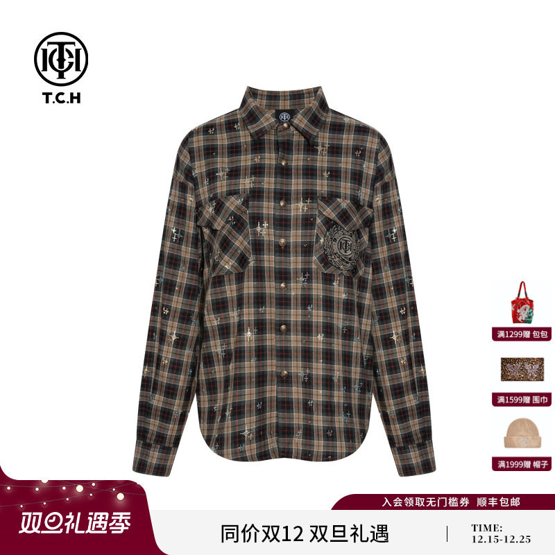 TCH轻奢烫钻美式休闲宽松百搭格子衬衫上衣潮男女同款T75C13E9006