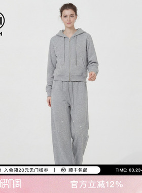 TCH满天星烫钻短款连帽卫衣女外套阔腿裤灰色休闲套装T78A07E1089