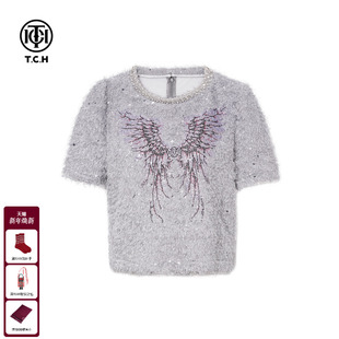 TCH设计感珍珠装 T恤上衣女T75D10E1010 饰天使翅膀烫钻毛绒短袖