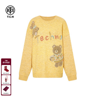 新款 TCH时尚 女2025冬季 宽松针织衫 T75D09E1092 烫钻黄色圆领韩版