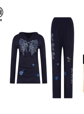 TCH烫钻时尚气质收腰显瘦连帽长袖T恤休闲裤套装T75C07E1018