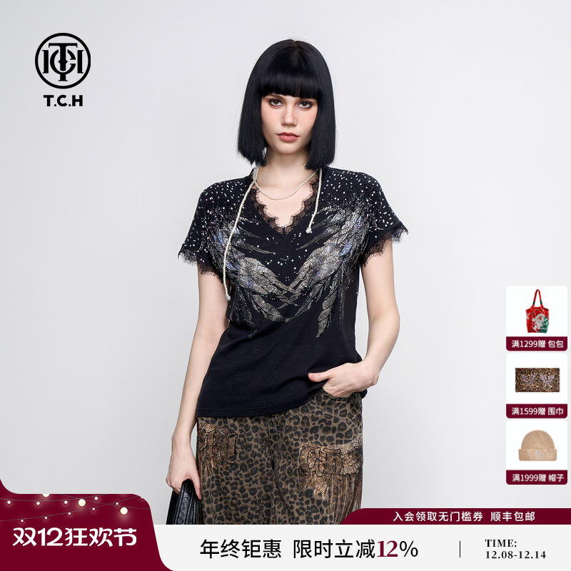 TCH暗黑翅膀烫钻蕾丝拼接小飞袖V领显瘦短袖T恤女2025夏季新款