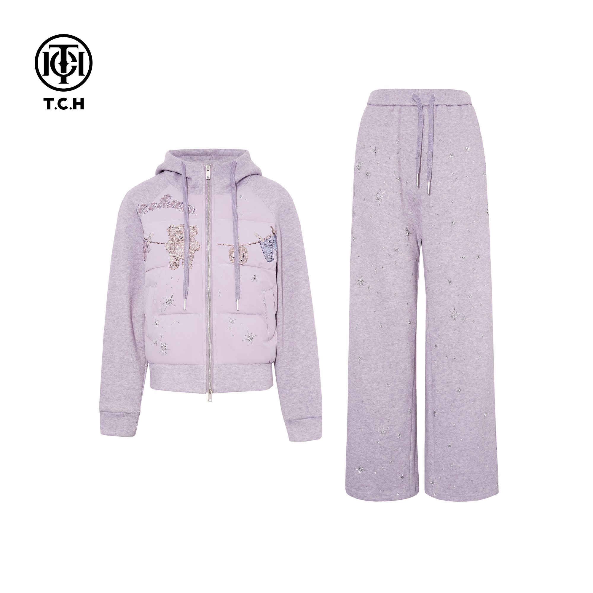 TCH私服25秋冬新款烫钻时尚紫色加绒外套休闲裤套装女T75D07E1032