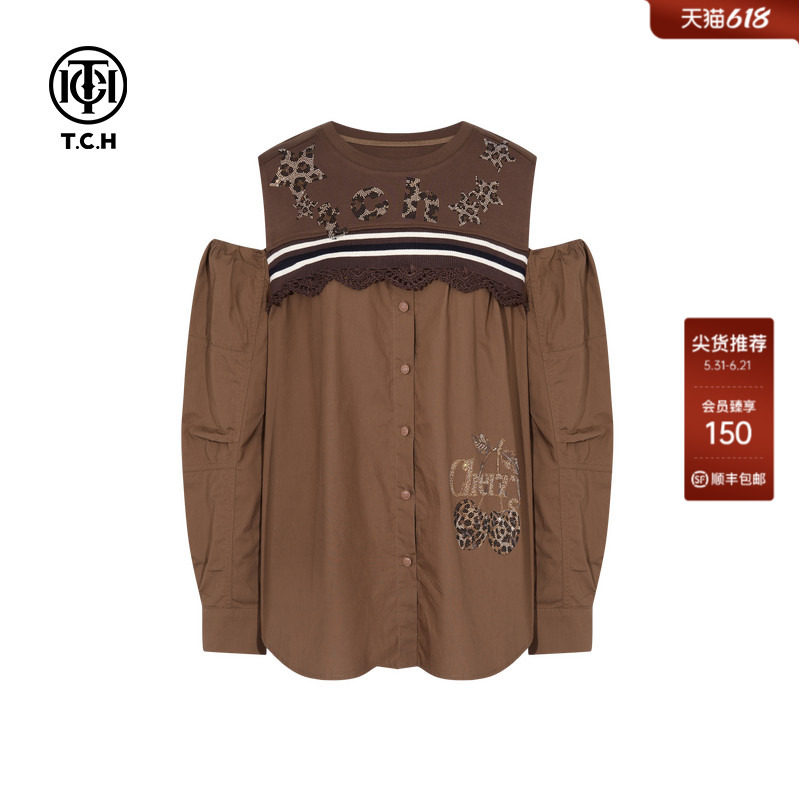 TCH烫钻2026春季新款休闲宽松露肩拼接卫衣女T75C11E1005