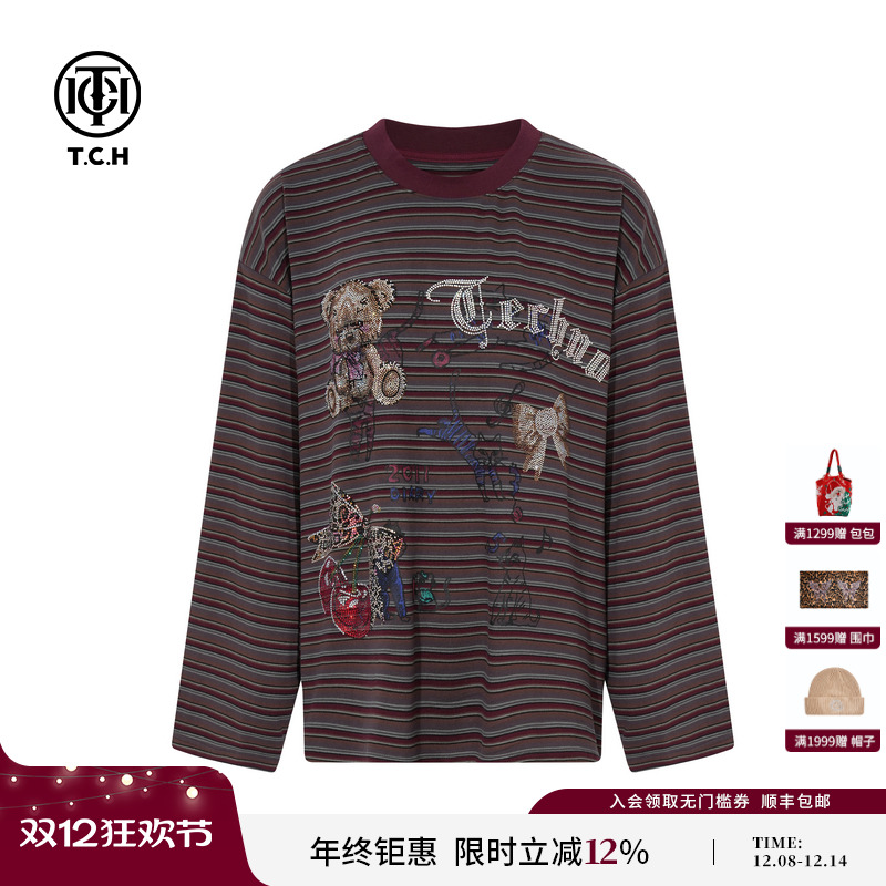 TCH2025秋冬新款时尚烫钻休闲复古条纹宽松长袖T恤女T75D08E1005
