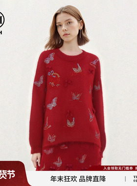 TCH新年红色烫钻减龄立体蝴蝶结宽松针织衫女短裙套装T78A07E1018