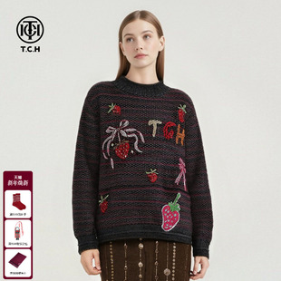 TCH复古条纹重工烫钻草莓蝴蝶结半高领宽松针织衫 女T75D09E1307