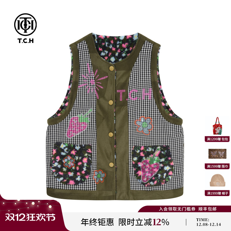 TCH2025秋冬新款时尚烫钻设计感宽松百搭马甲外套女潮T75D01E1000