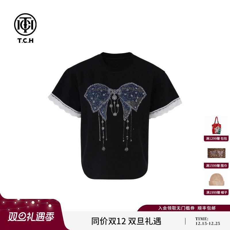 TCH潮牌轻奢百搭小众时尚烫钻蝴蝶结短袖T恤上衣女T75A10B9075