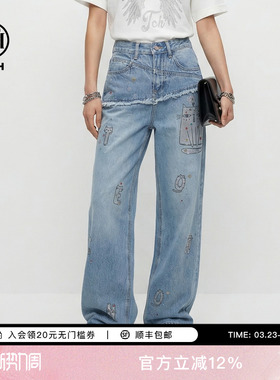 TCH26春夏款百搭时尚烫钻慵懒风磨毛屁帘直筒阔腿牛仔T78A20E1219