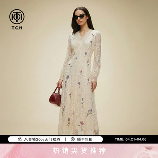 仙女长裙T78A30E1077 TCH烫钻蕾丝连衣裙女V领收腰显瘦温柔风长袖