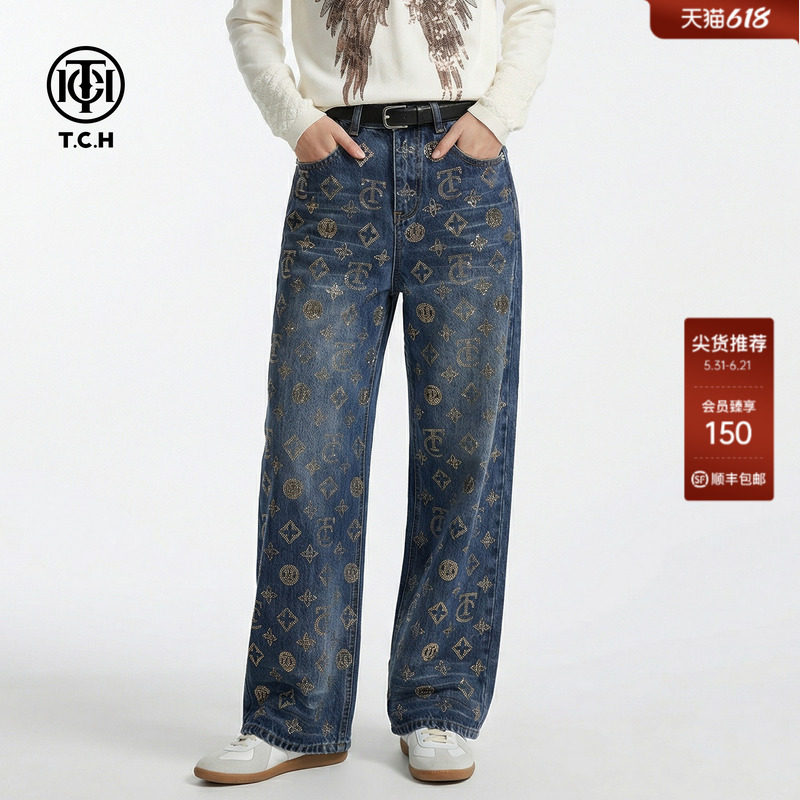 TCH潮牌烫钻老花满印复古蓝做旧直筒显瘦阔腿牛仔裤女T78A20E1207