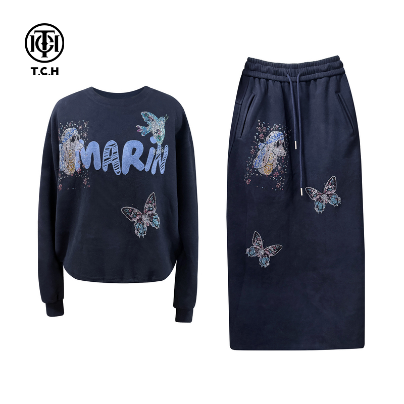 TCH轻奢时尚潮牌蝴蝶烫钻藏青色圆领卫衣半身裙套装女T75C07E1085