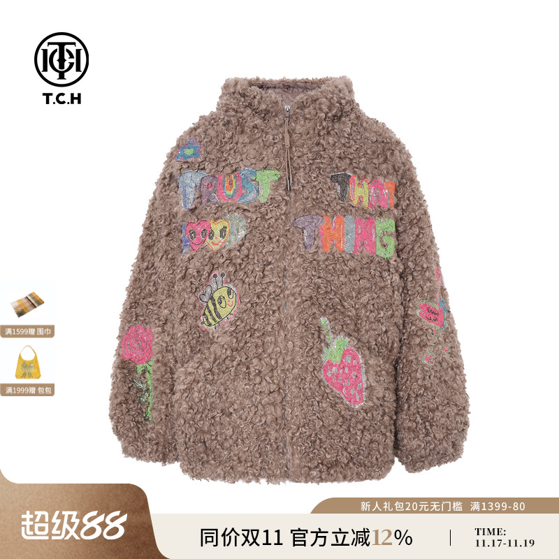 TCH时尚韩版烫钻保暖宽松连帽毛毛外套女2025冬季新款T75D27E5005