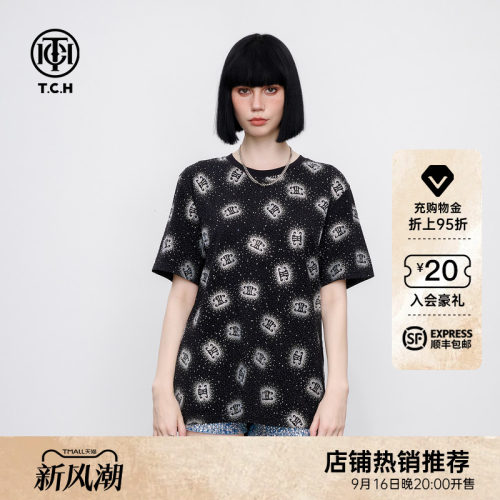 TCH宽松休闲满印LOGO烫钻流行黑色短袖T恤男女同款2026夏季
