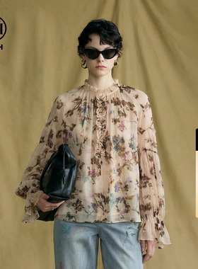 TCH温柔复古风烫钻花卉衬衫女宽松显瘦百搭木耳边上衣T78A13E1077