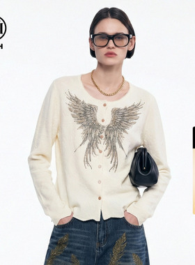 TCH2025冬季新款时尚烫钻米色休闲百搭针织开衫上衣女T75D43E1079