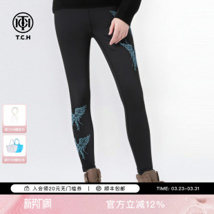 女弹力加绒鲨鱼裤 黑打底裤 T75D23E1001 烫钻时尚 TCH2025秋冬新款