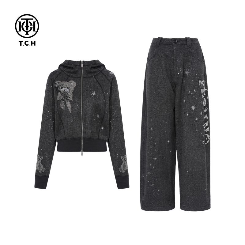 TCH私服25秋冬新款氛围感烫钻休闲阔腿裤短上衣套装女T75D07E1025