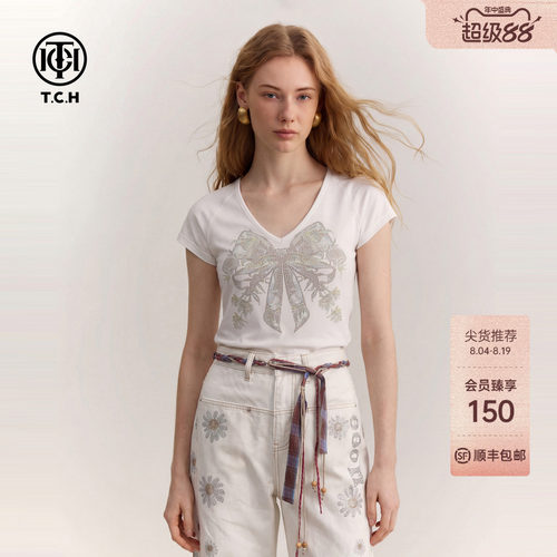 TCH烫钻蝴蝶结V领显瘦T恤女