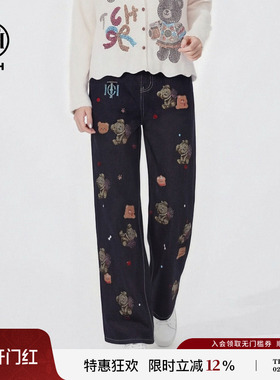 TCH26春夏款潮牌甜酷小熊烫钻深蓝色宽松直筒牛仔裤女T78A20E1133